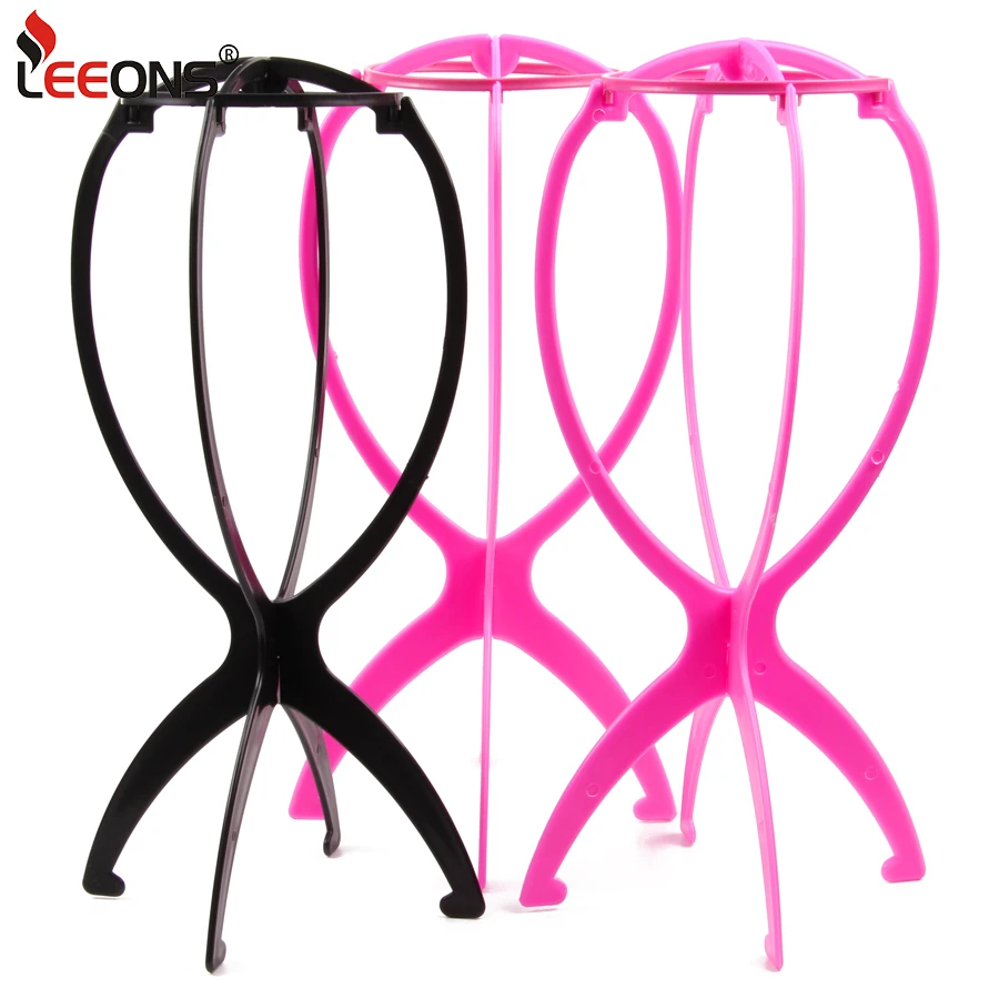 Leeons 5Pcs Ajustable Wig Stands Plastic Hat Display Wig Head Holders Mannequin Head/Stand Portable Folding Wig Stand Black Pink