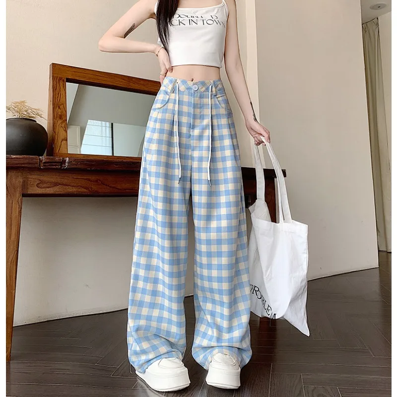 

Корейские синие клетчатые повседневные широкие брюки женские большие свободные универсальные уличные брюки Y2K больших размеров длинные брюки с высокой талией