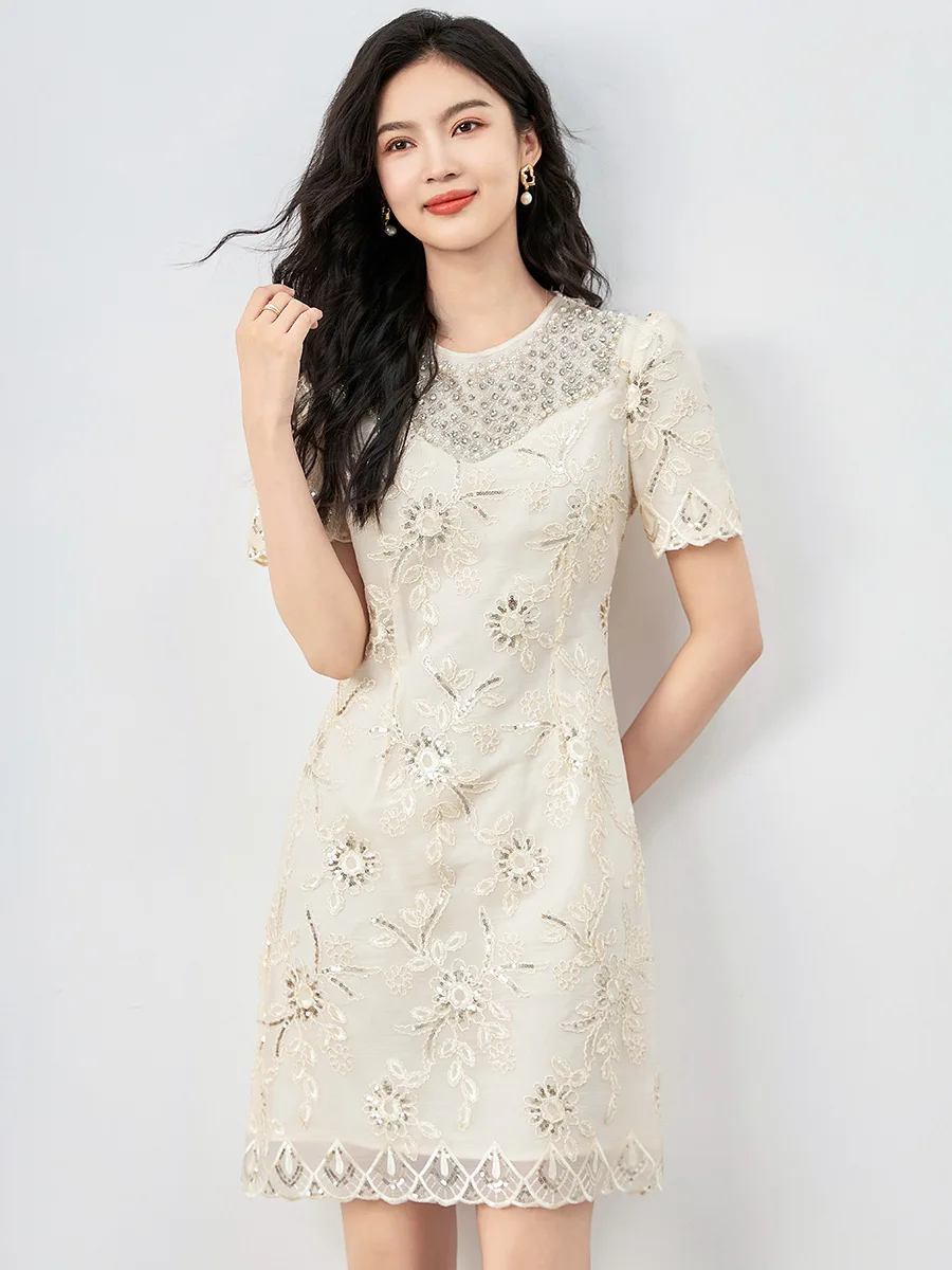 ZJYT Elegant Luxury Embroidery Beading Dresses for Women Summer 2024 Designer Short Sleeve Vintage Knee Length Party Dress Robe