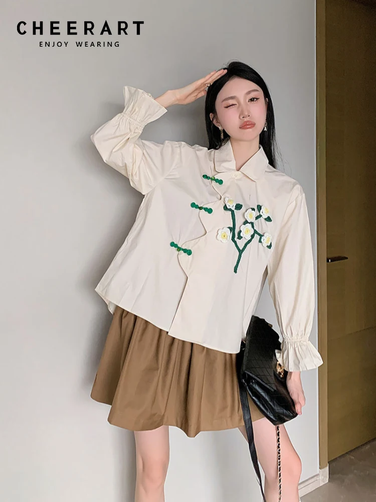 

CHEERART Literature And Art Floral Baggy Shirt For Women Vintage Button Up Collar Shirt Blouse Spring Summer Cute Top Clothes