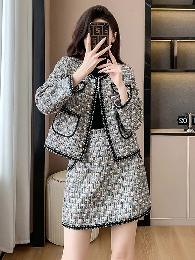 

High Quality Small Fragrant Plaid Weaving Tweed Women Two Piece Set Autumn Winter O Neck Single Breasted Coat + Mini Skirt Suits