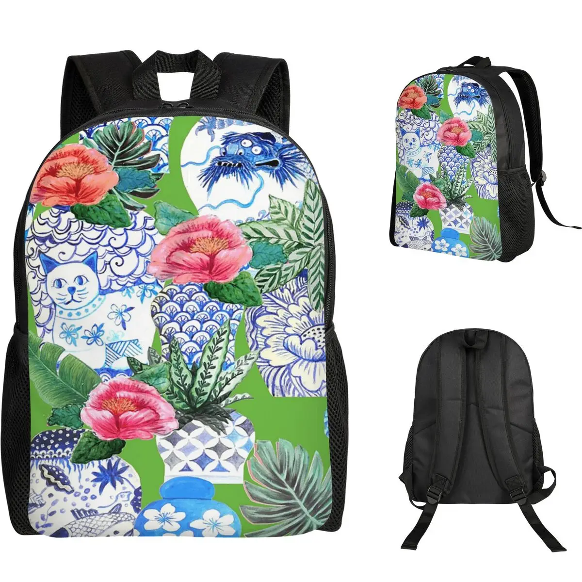 Blue And White Chinese Ginger Jars On Green, Emerald Green Chinoiserie Backpack Boy Girl BookBag School Bag Laptop Shoulder Bags