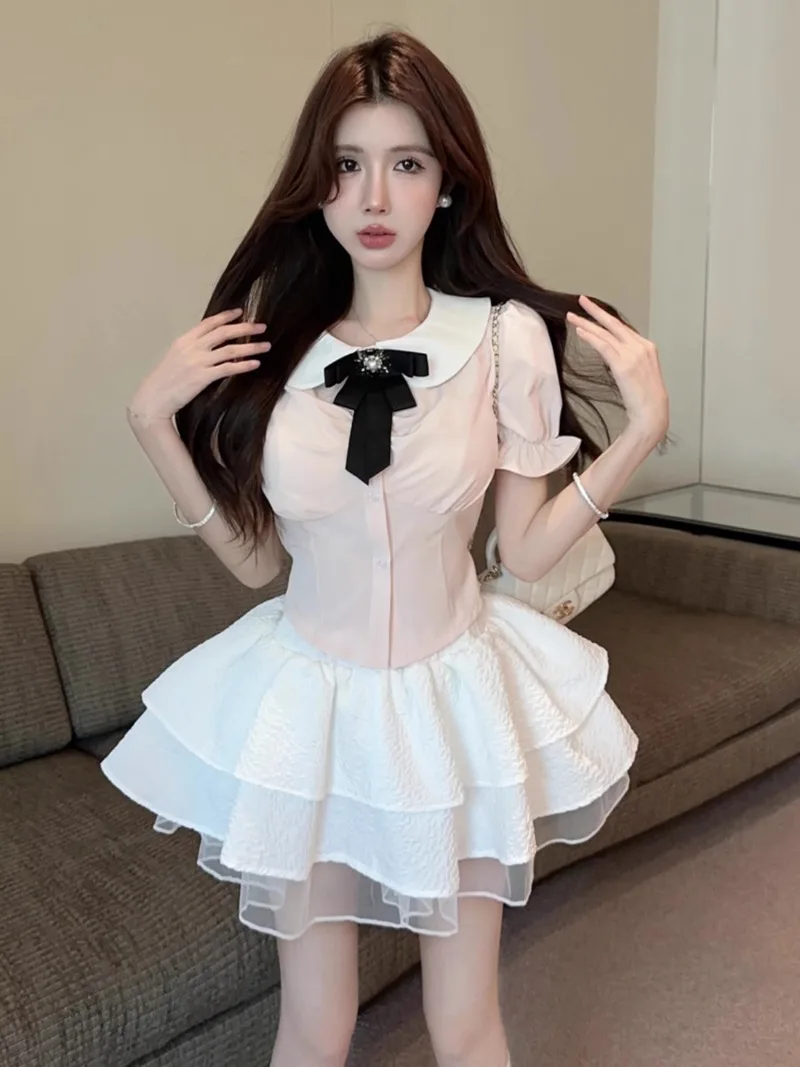 Sweet Academy Doll Collar Shirt Cake Puff Skirt Two Piece Set Women Bubble Sleeves Shirring Korean Slim Summer Chic Lady Wear