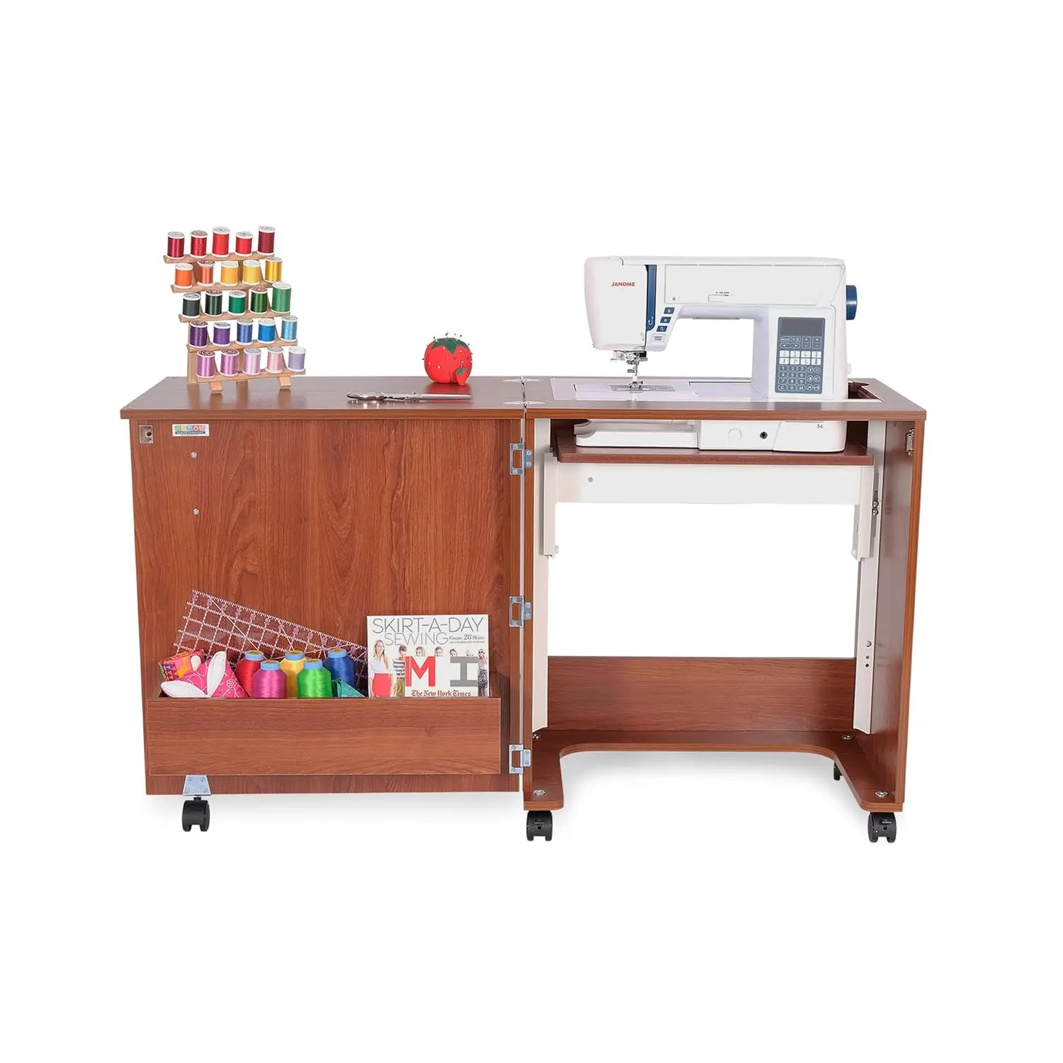 

Classic Furniture “Judy” Sewing Cabinet: Portable, Folding, Compact, Locking Wheels, with Storage Bin and Hydraulic, Customized
