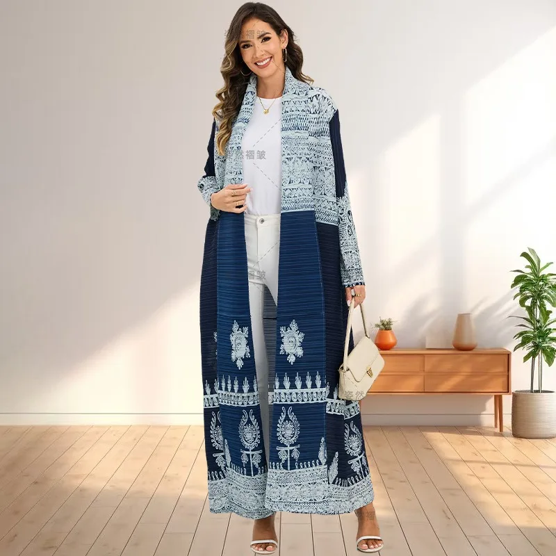 

Miyake Middle East Abaya Women's Cardigan Robe Saudi Arabia Fashion Printed Pleated Stretch Jacket Long Sleeve Holiday Costume