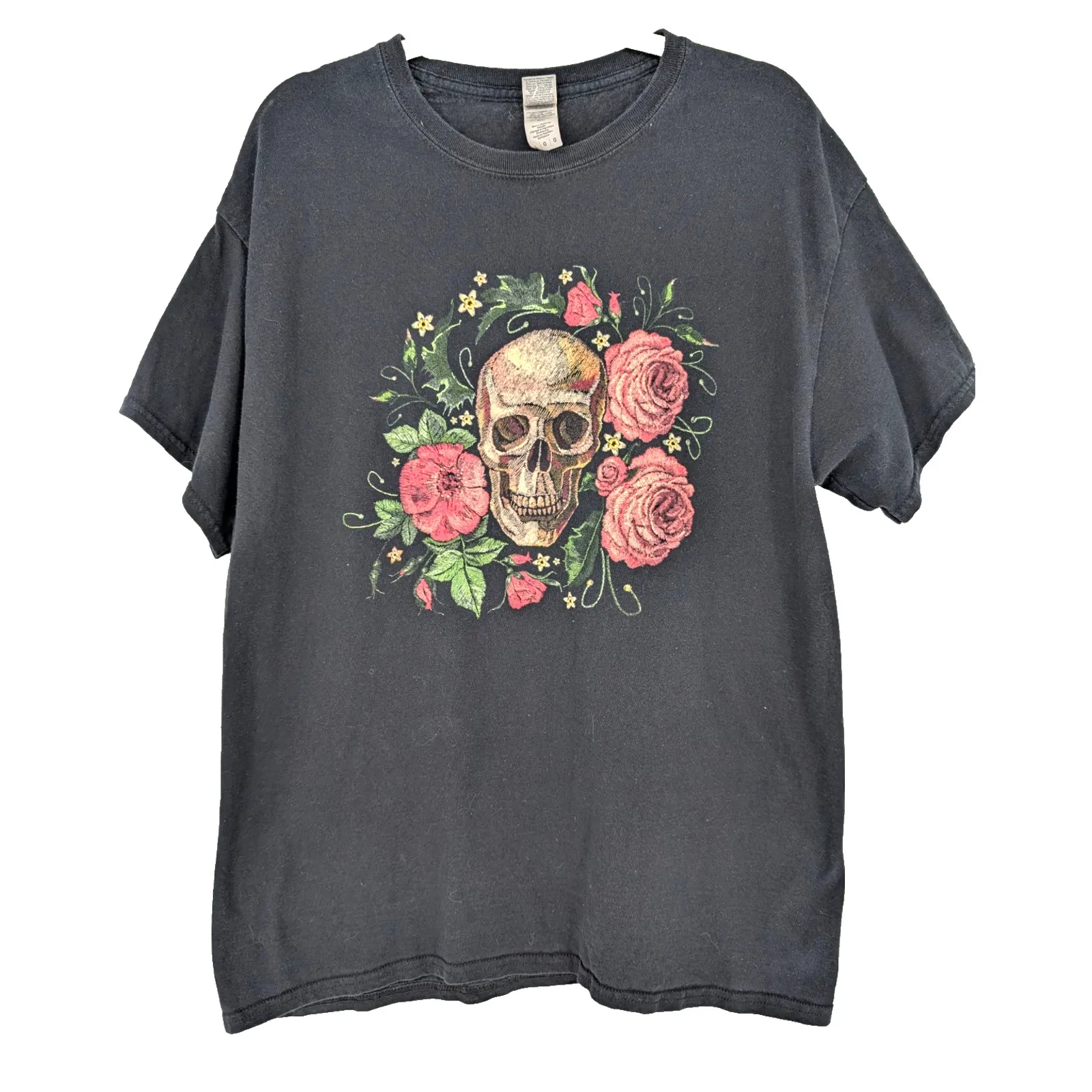 Unisex Gray Skull Roses Floral Graphic Gothic Tattoo Dark Fairy Grunge T Shirt L