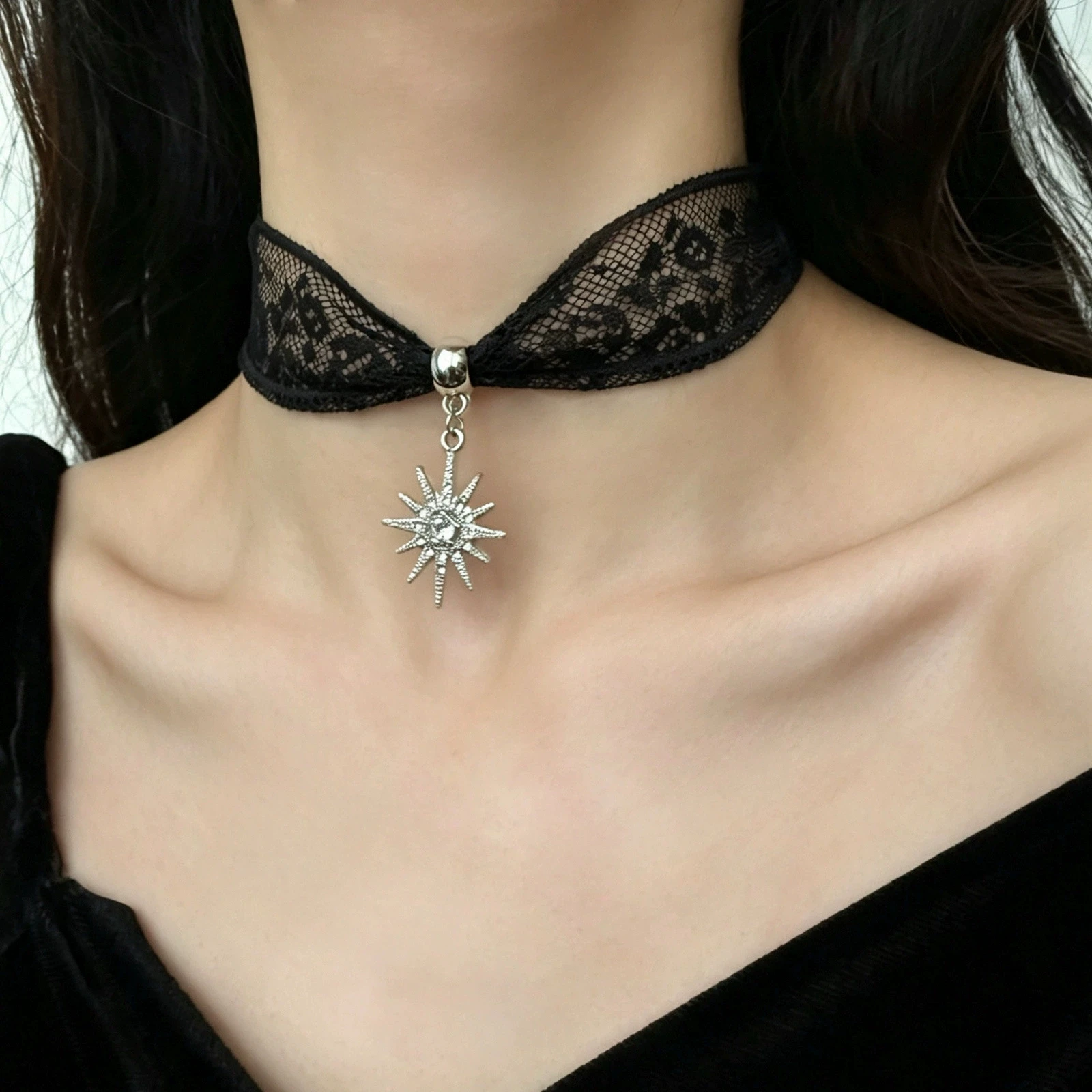 Gotischer Stern-Anhänger Spitzen-Choker Retro-Halskette für Frauen Trendiger Charm Personalisierter Halsschmuck Accessoires