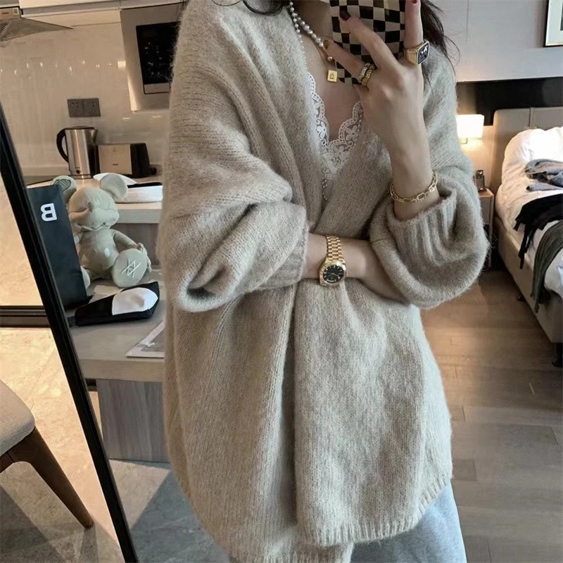 2024 Autumn Winter Thicken Warm Women Cardigan Sweater Korean Lazy Wind Soft All Match Cardigans Tops Solid Loose Knitted Coats