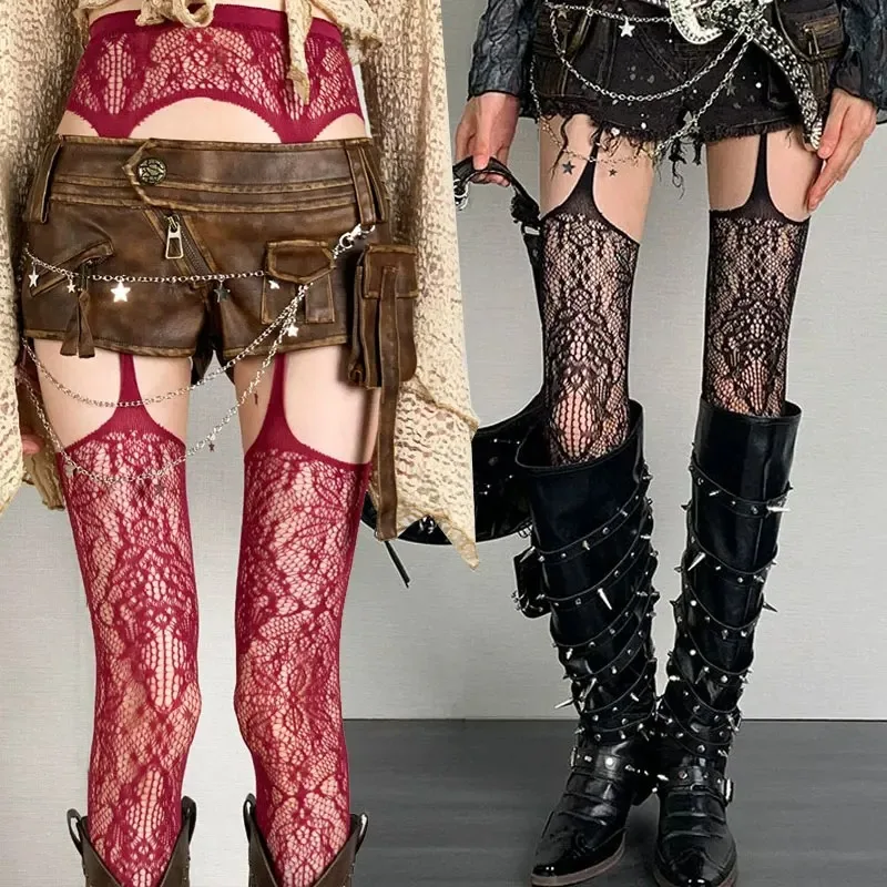 Lolita Sweet Girls Punk Style Floral Tights Colorful Thigh High Stockings Sheer Fishnet Suspender Tights Garter Belt Pantyhose