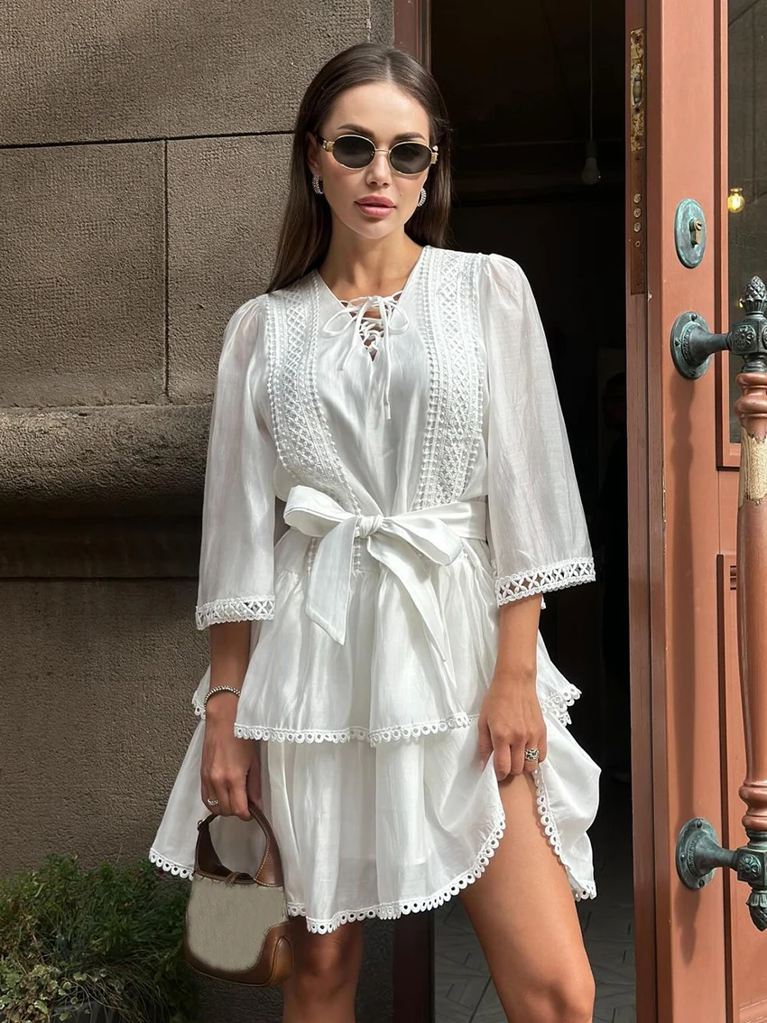 Marthaqiqi Elegant Women Sleepwear Sexy V-Neck Pajama Lace Up Nightie Three Quarter Sleeve Nightwear Mini Dress Ladies Nightgown