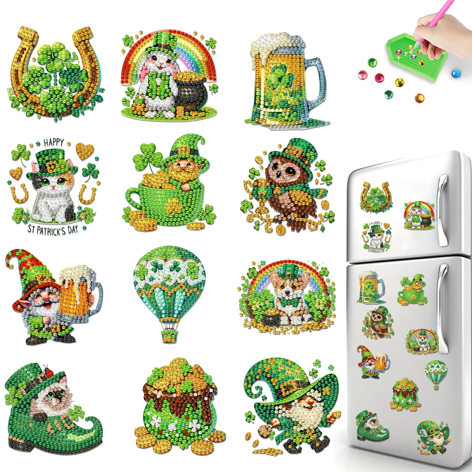 

12Pcs Happy St Patricks Day DIY Diamond Art Fridge Magnet Refrigerator Sticker Diamond Art Stickers Refrigerator Painting Kits for Beginners Adults DIY Craft Gifts Home Decors