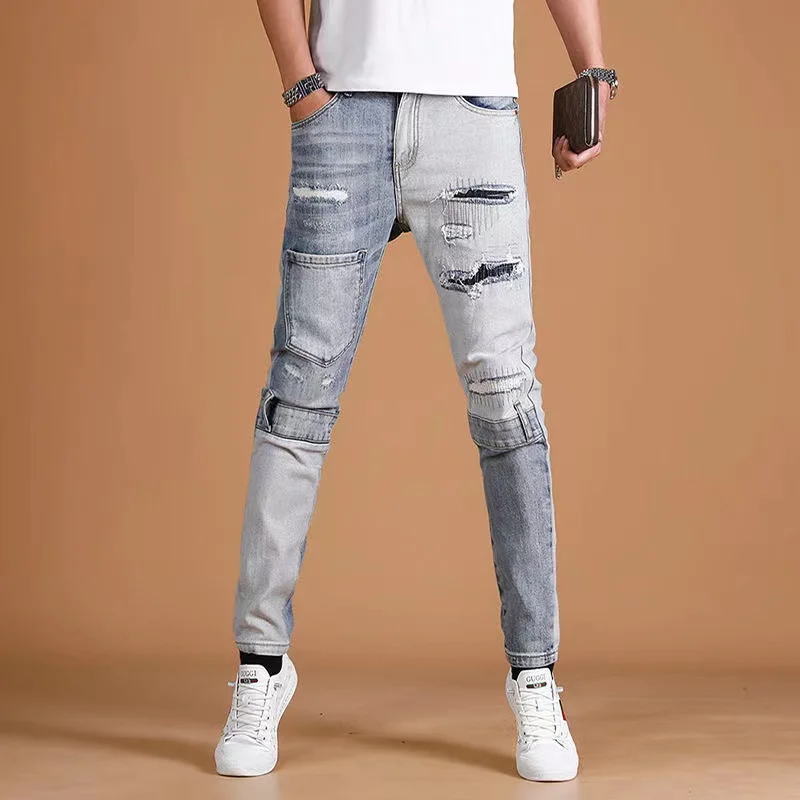 

Высококачественные джинсы с рваными элементами в стиле пэчворк, мужские модные облегающие брюки в корейском стиле, молодежные длинные брюки, весенне-осенняя повседневная одежда