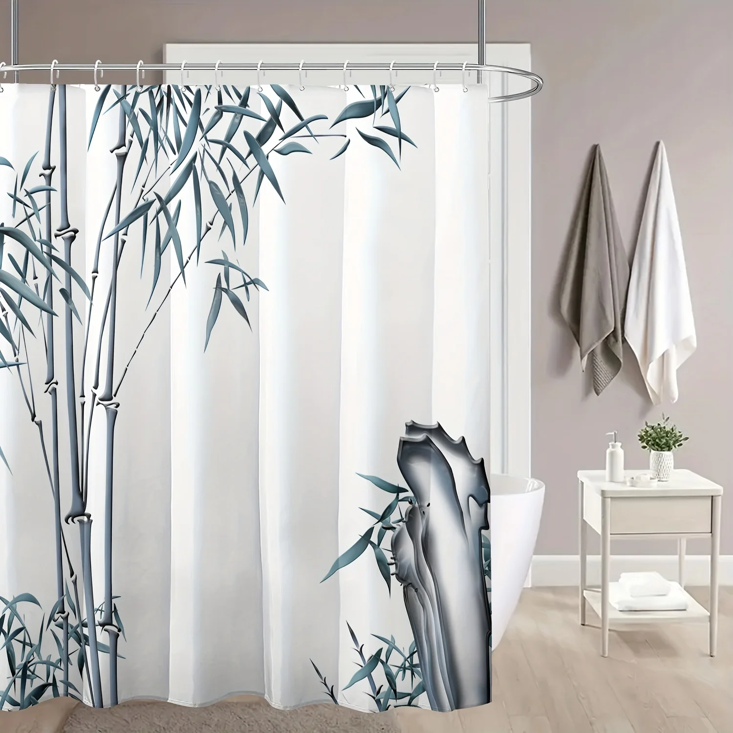 

1 шт. бамбуковая занавеска для душа с принтом, полиэфирная ткань, можно стирать в машине, подходит для украшения ванной комнаты