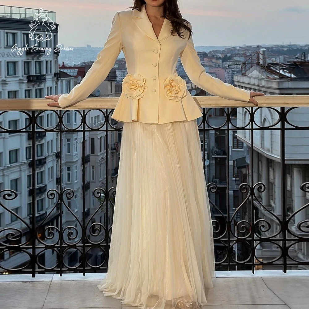 

Elegant Arabic 2 Piece Set Women’s Floral Single Breasted Blazer + Yellow Tulle A-Line Evening Dress Long Prom Gowns Customized