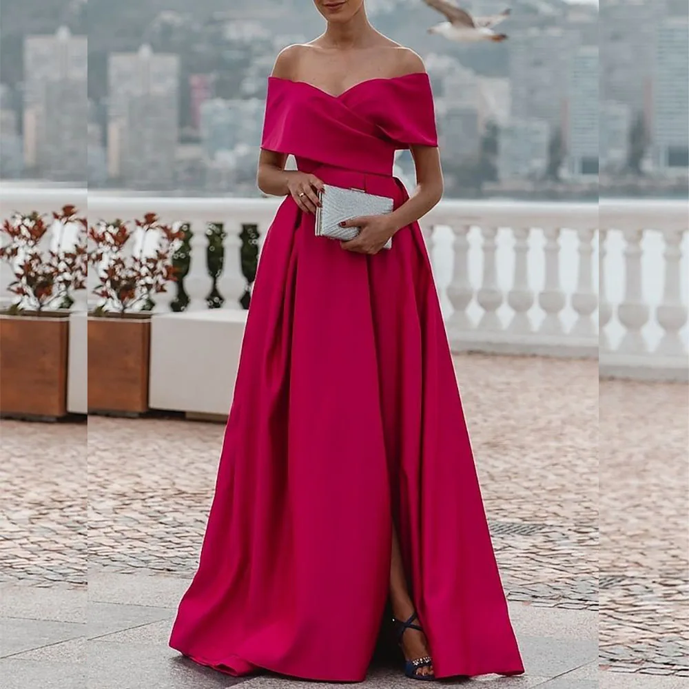 Graceful Boat Neck Evening Dresses Elegant Women Sleeveless Floor Length Sweep Train Gowns Pleat Side Split Prom Dress Vestidos