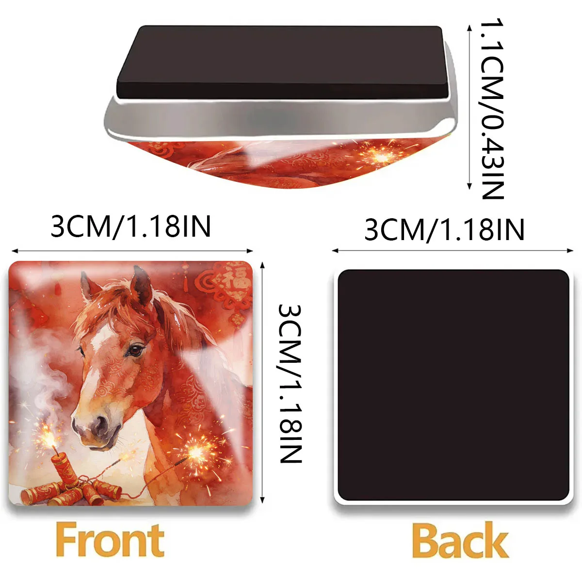 1PC 30MM Square Chinese Style Gouache Painting of Horses Glass Refrigerator Sticker Horse Home Decoration Horse Lovers Gifts