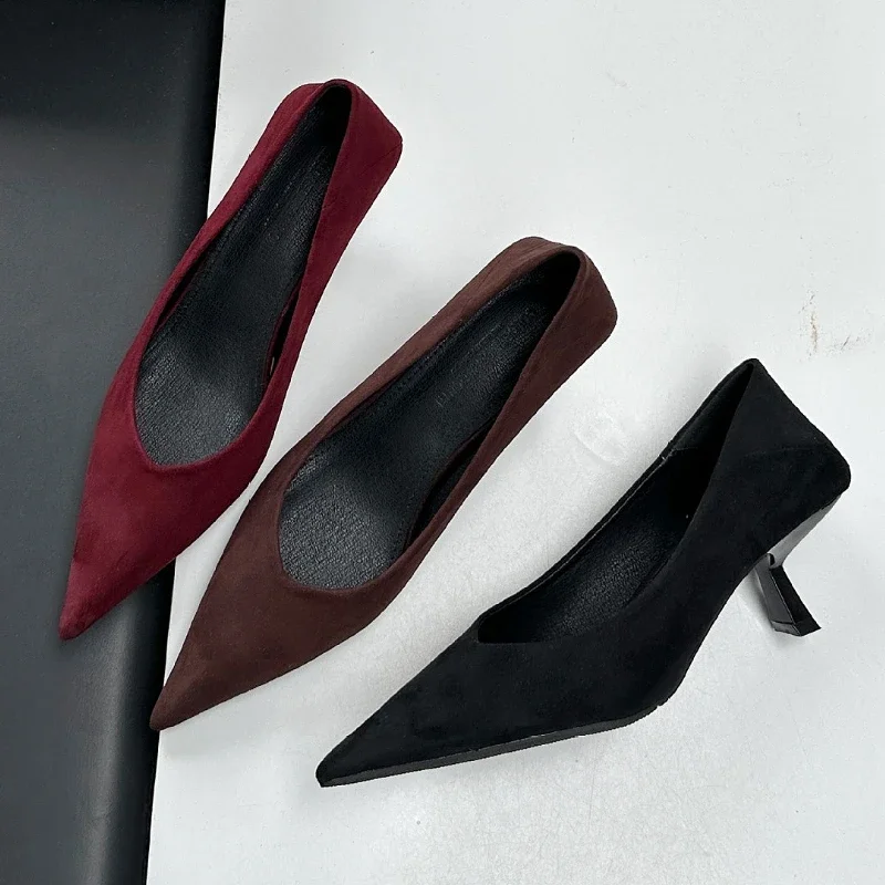 New Autumn Fashion Elegant High Heels Woman Suede Shallow Low Heel Office Shoes Comfy Brand Pointed Toe Dress Shoes Woman Pumps