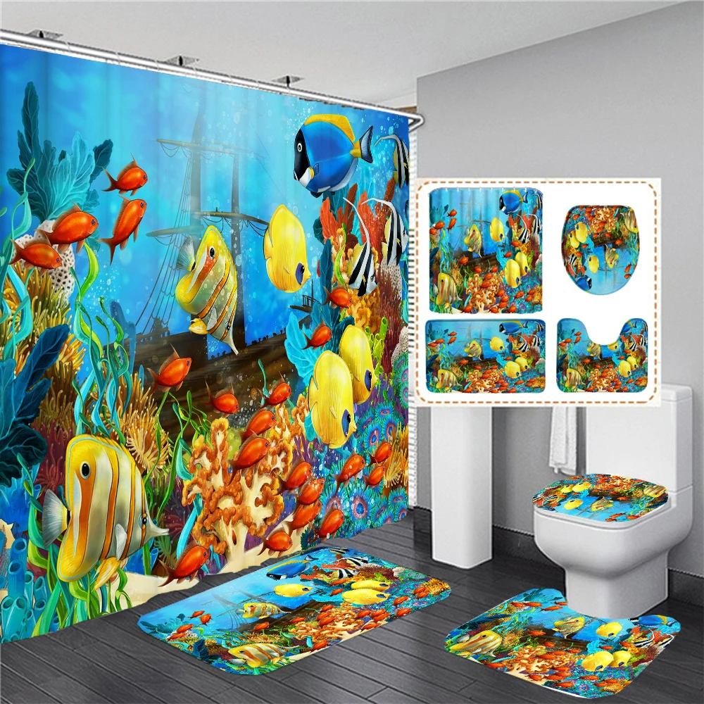 

Ocean Fish Dolphin 3D Print Waterproof Fabric Shower Curtain Set Underwater World Bathroom Curtain Toilet Cover Mat Non Slip Rug