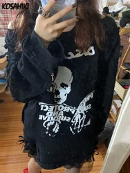 KOSAHIKI Gothic luźna koszulka damska nadruk z czaszką Punk Vintage z długim rękawem w japońskim stylu Harajuku cienka koszulka koreański moda Y2k Tee