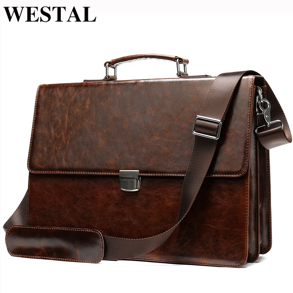 WESTAL-maletines de negocios para hombre, bolsos de cuero genuino para documentos, bolso para ordenador portátil, maletines de mensajero de cuero, 14