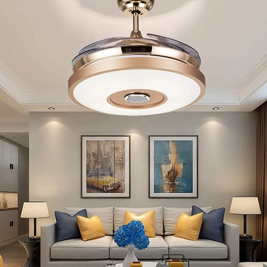 36'' moderne intelligente Deckenventilatoren mit integriertem Licht und Bluetooth-Lautsprecher, 7-farbig verstellbare LED-Beleuchtung, einziehbare Flügel f
