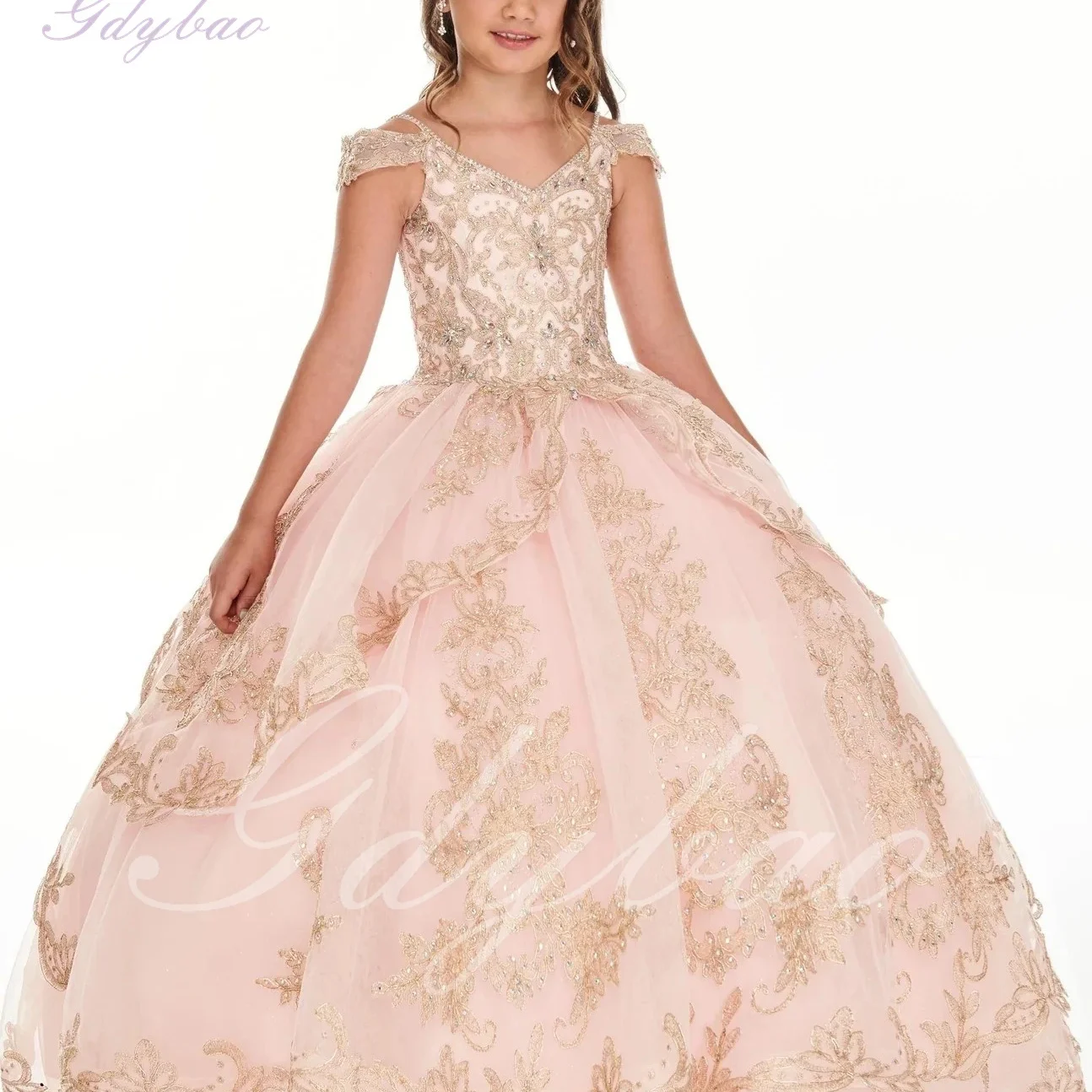 

Customized Flower Girl Dress For Wedding V Neck Sleeveless Appliques Floor Length Kids Birthday Party First Communion Gown