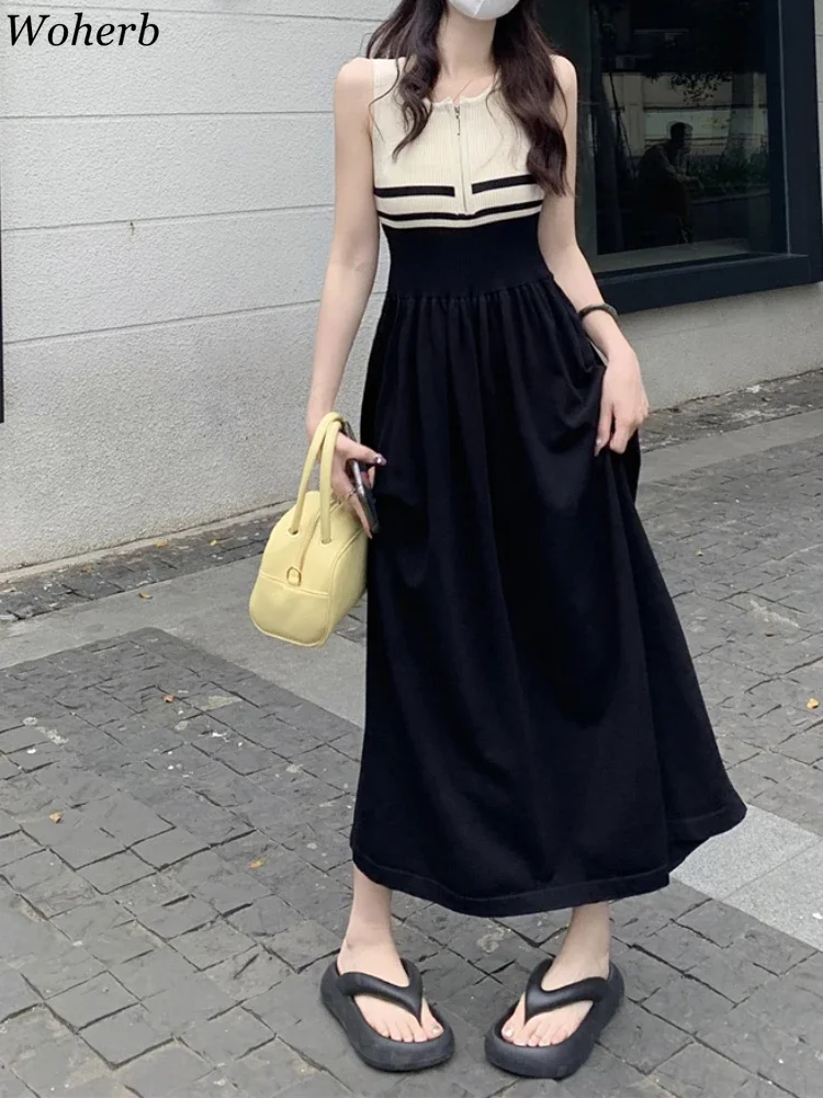 Temperament Robe Femme Summer Dress Women Clothing O-neck Sleeveless Contrast Color Vestido  Fashion Loose Sweet Dresses