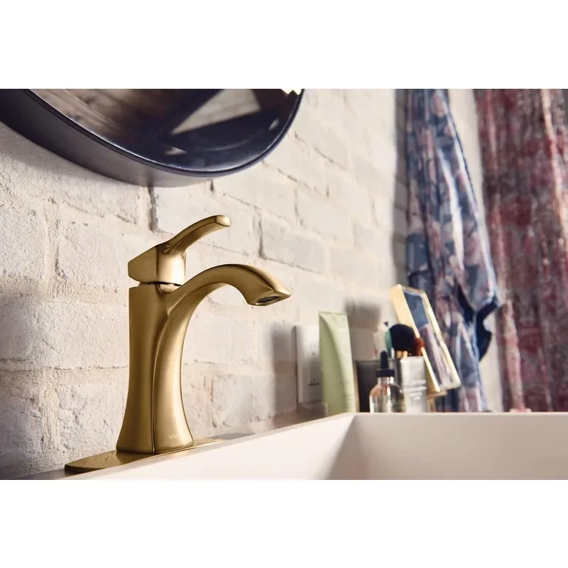 Moen Brushed Gold One-Handle High-Arc Bathroom Faucet with Drain Assembly for Single-Hole Sink Bathroom Faucets