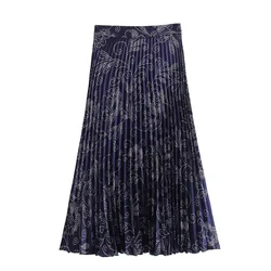 Taop&Za 2024 Women's Summer Fashion Origin Printed Folded Midi High Waist Hundred pleated Half skirt