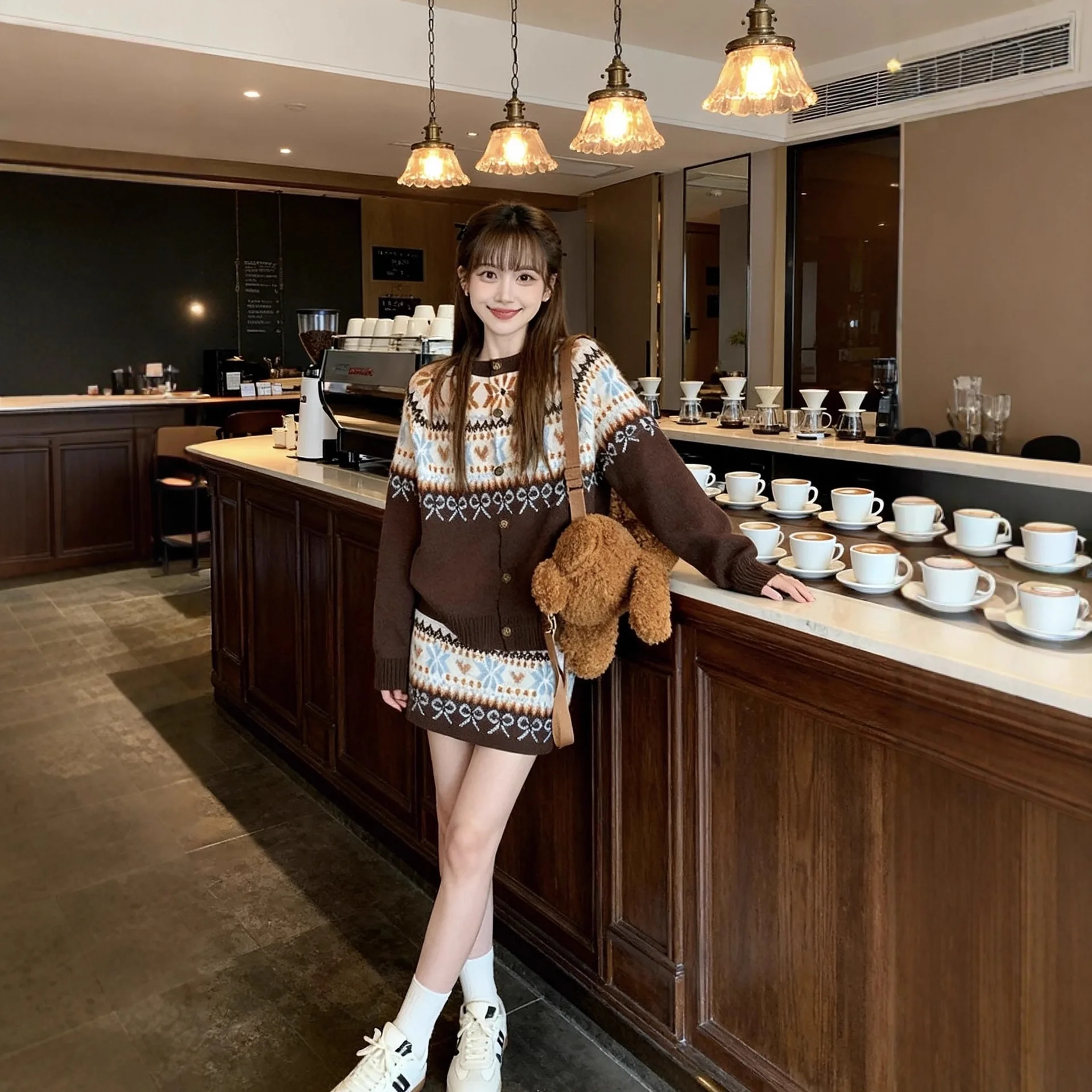 

Комплект в стиле Fair Isle: кардиган и юбка - платье в стиле дофамин, с круглым вырезом, длинными рукавами, вязаное, свободного кроя, женский комплект из двух предметов.