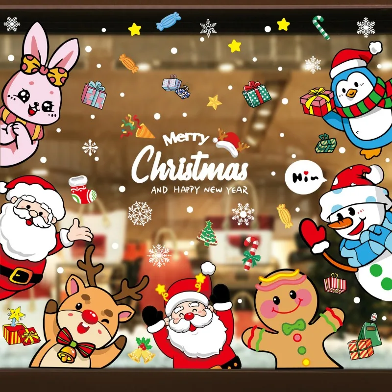 2025 Christmas Decorative Glass Window Stickers Snowman Snowflake Electrostatic Wall Sticker Happy New Year Xmas Decor Decals