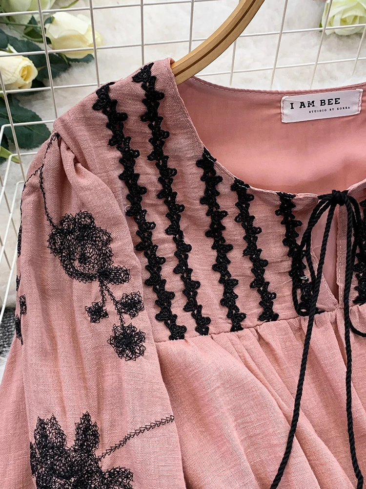 Frauen Kleid Herbst Böhmischen Vintage Französisch Spitze Blume Stickerei Oansatz Laterne Hülse Bandage Elegante Lange Vestidos DS205