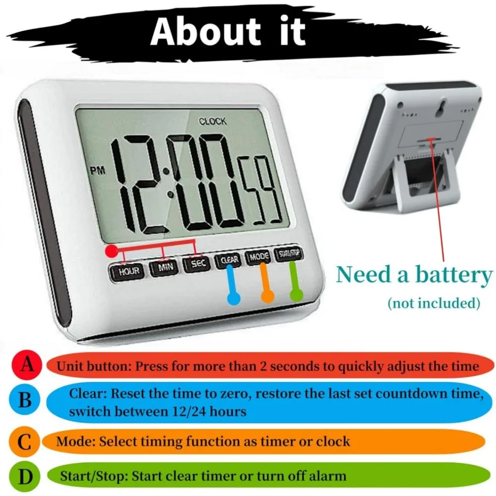 

Kitchen universal magnetic digital clock, timer with alarm clock, 12/24 hours, large screen