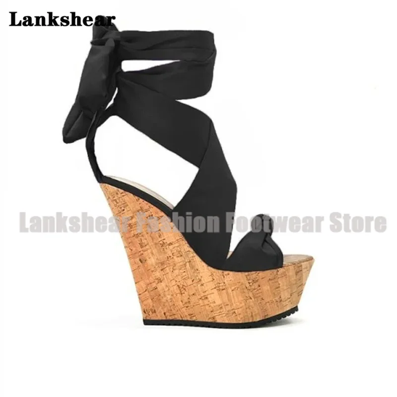 

Cork Wedge Heels Sandals Cross Strap Bowtie Lace-Up High Heels Women Shoes Summer Round Toe Party Shoe Sandalias De Mujer Verano