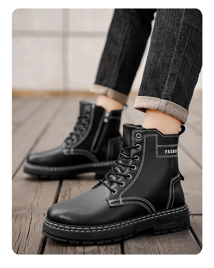 Herren Allround-Chunky-Plateaustiefel, Langlebige Leder-Streetwear-Arbeitsschuhe – Detail 9
