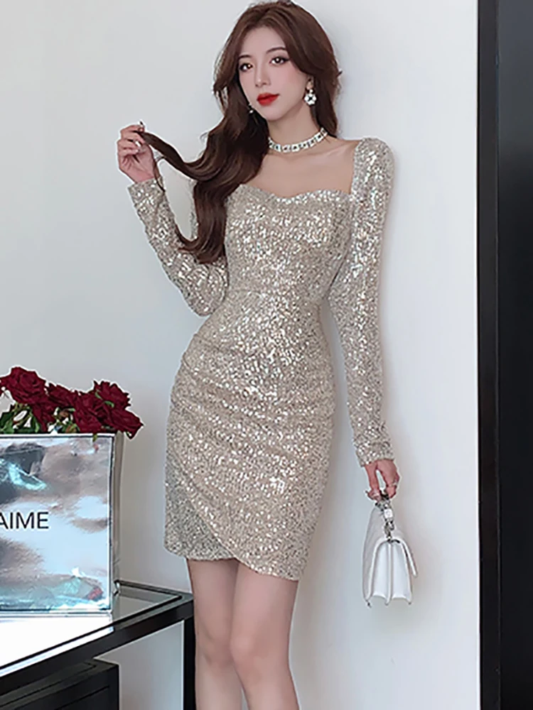 

Women Fashion Sequins Long Sleeve Square Collar Sexy Dress 2025 Elegant Bodycon Short Dress Autumn Winter Korean Vintage Dresses