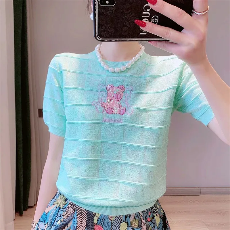 Summer Bear Sequins Knitted Sweater Tshirt Women Pullover Tees Short Sleeve O-neck Sweet Elegant Loose Ladies Knitwear Jumpers