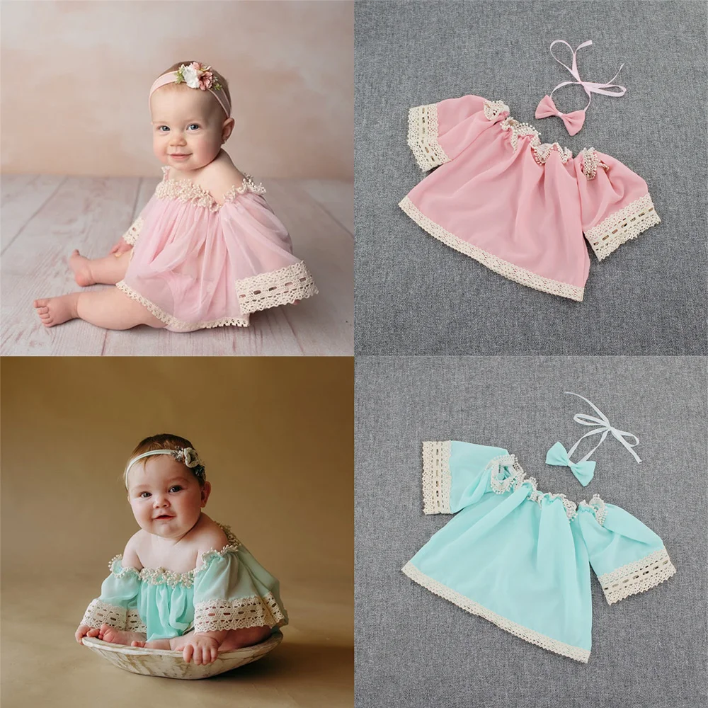 Baby Girl Clothes Newborn Photography Prop Dress Strapless Shoulder Flower Lace Skirt Outfit Infant Photo Shoot Suit Accessories