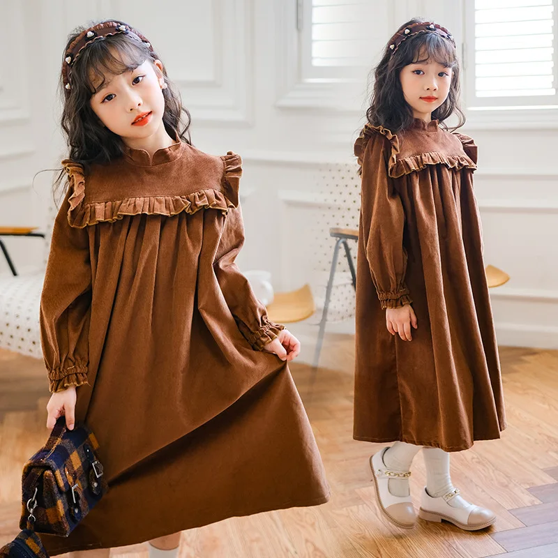 

Autumn Winter Junior Girl Long Sleeve Ruffled Velvet Dress Children Girl Pure Color Retro Casual Dress School Girl Thicken Dress