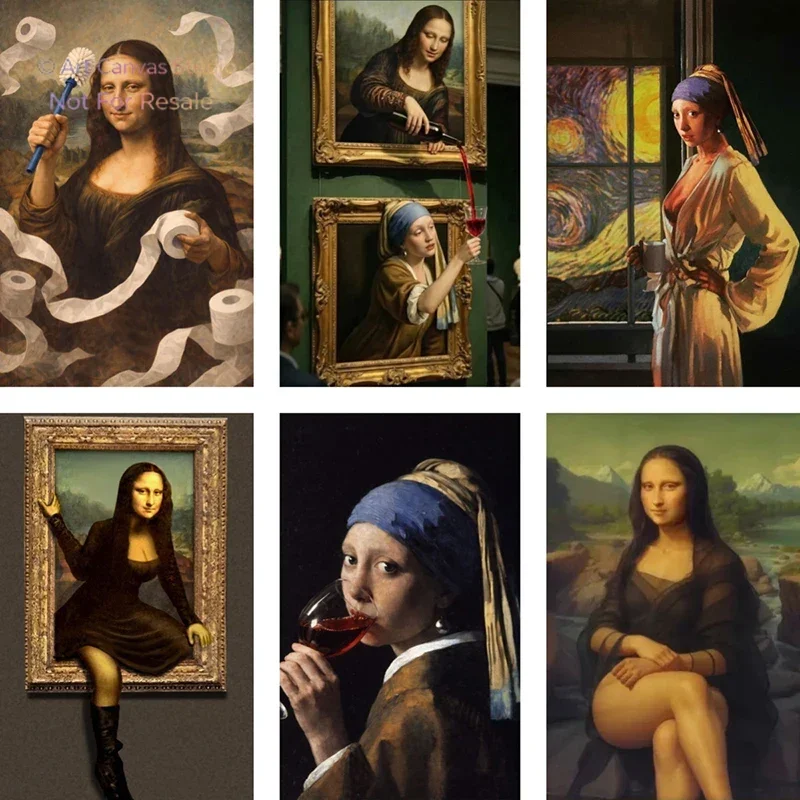 Cuadro de la Mona Lisa, Niña con un Perlas en el Oído, Impresión en Lienzo, Arte para Baño, Decoración Moderna, Humor, Divert