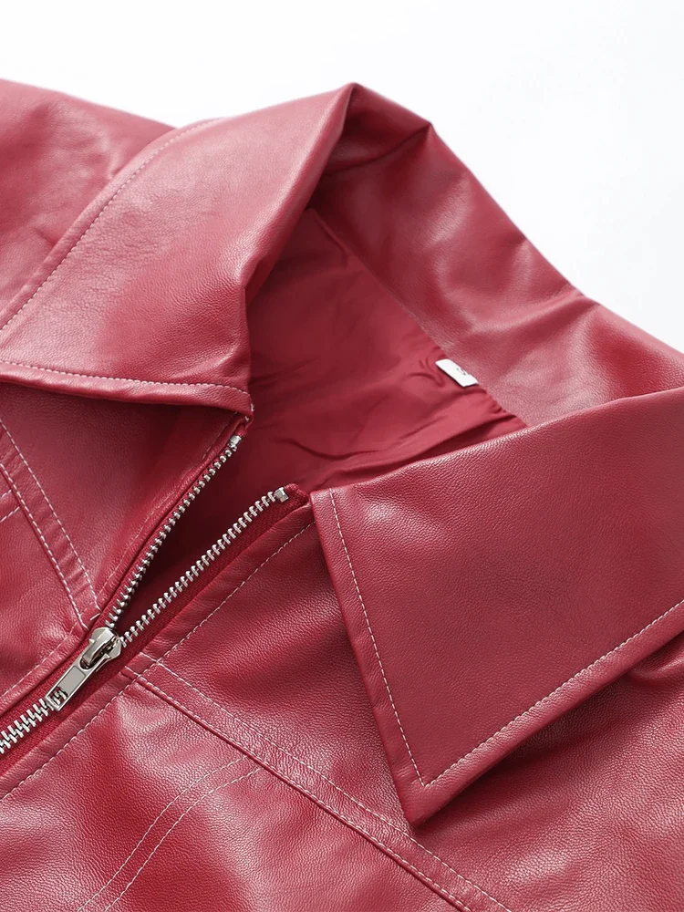 Fashion Patchwork Lapel Long Sleeve Coats Women Vintage Red Zipper Pu Leather Jacket 2024 Autumn Winter Female Casual Outerwear