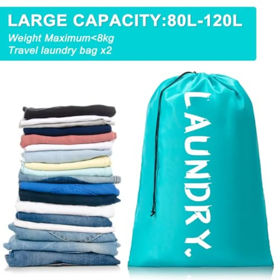2 Pack XL Travel Laundry Bag, Machine Washable Drawstring Dirty Clothes Organizer for 4 Loads