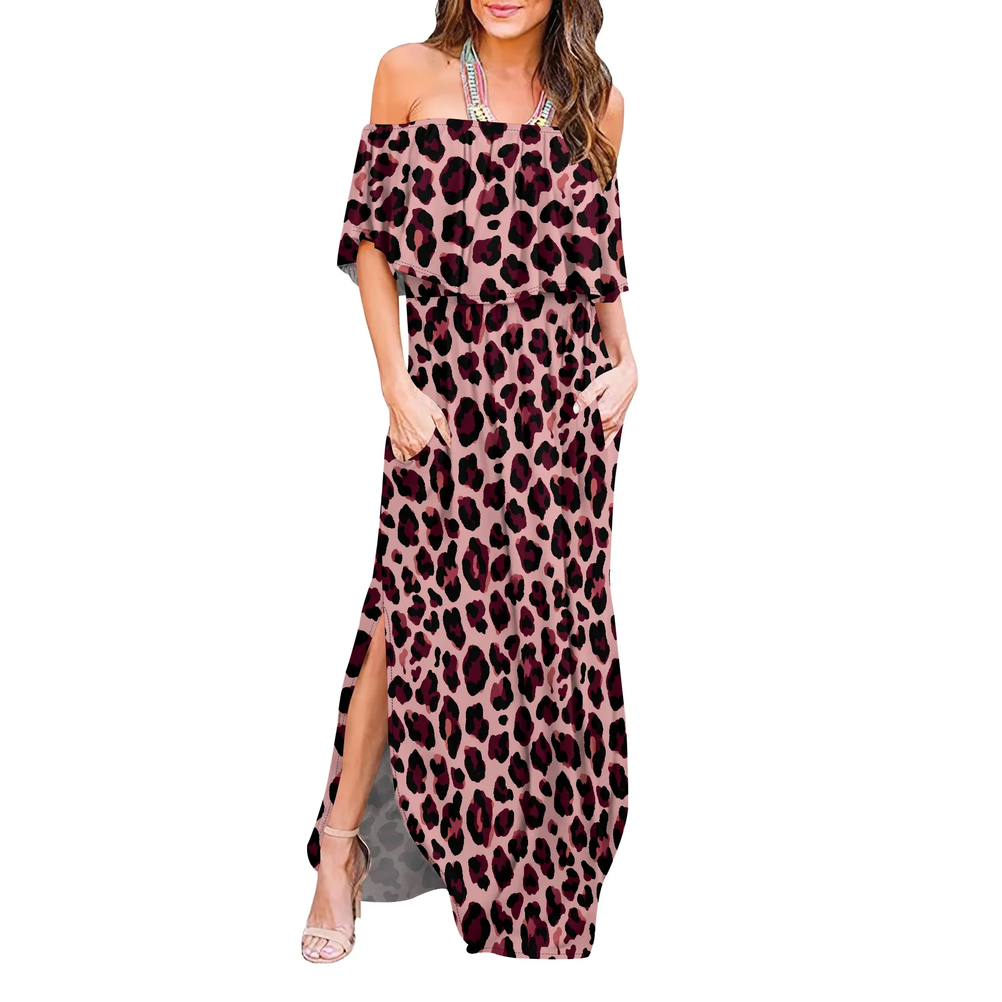 

Womens Off The Shoulder Ruffle Party Dresses Side Split Beach Maxi Dress