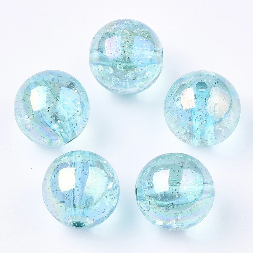 

500g Transparent Acrylic Beads with Glitter Powder Glitter Beads Round Turquoise 19~19.5x19mm Hole: 2.5mm about 110pcs/500g