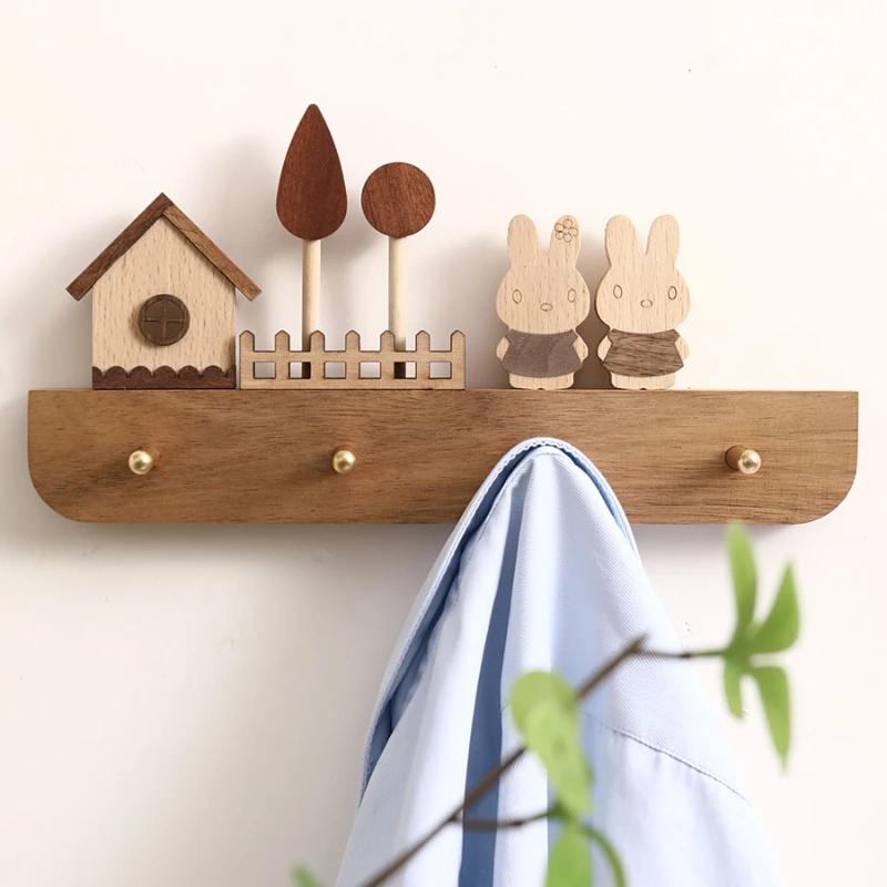 Wooden Key Holder, Wall Mounted Key Holder with Brass Hooks, Rustic Cute Rabbit Key Coat Hat Rack, Kids Room Wall Storage Rack