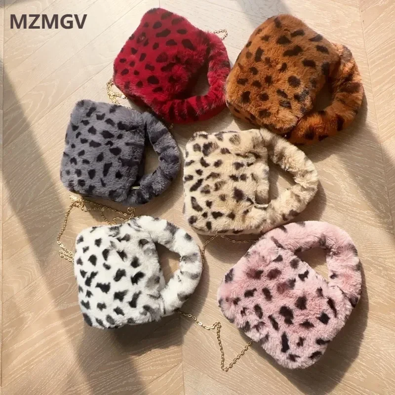 Winter Trend Leopard Print Faux Fur Handbag for Women 2025 Y2K Fashion Soft Fluffy Warm Square Chain Crossbody Bag Sac A Main