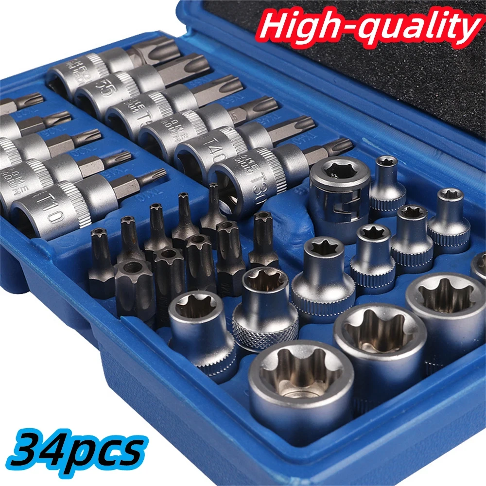 Professional 34pcs Torx Bit Socket & E-Torx Star Socket Set 1/4\
