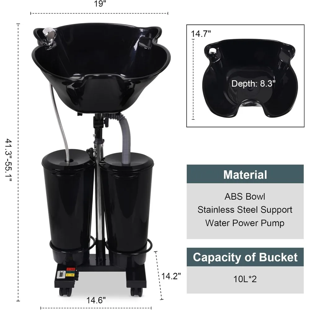 Shampoo Bowl, Rechargeable Portable Electric Pump and Spray, Rolling Type with 2 Water Tanks, Beauty Salon Rolling Shampoo Bowl