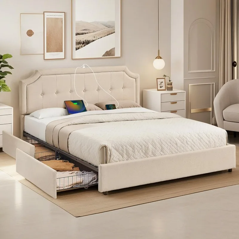 Platform Bed Frame with 4 Storage Drawers,Fabric Upholstered Headboard and Wooden Slats Support,Built-in USB and Type C Ports,