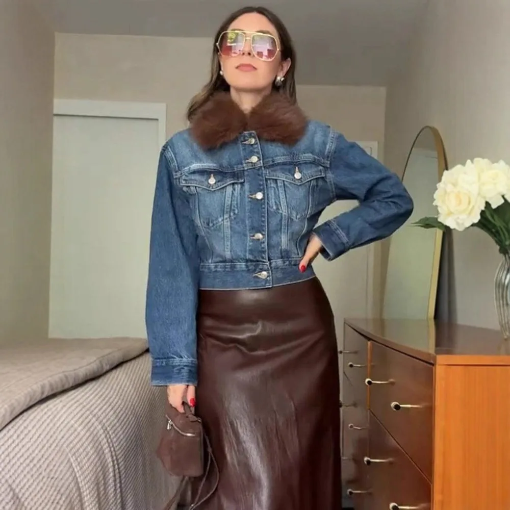 

Autumn Winter Loose-Fit Stylish Parka Fur Collar Pocket Outerwear Fashionable Casual Long-Sleeve Coat Women's Denim Jacket